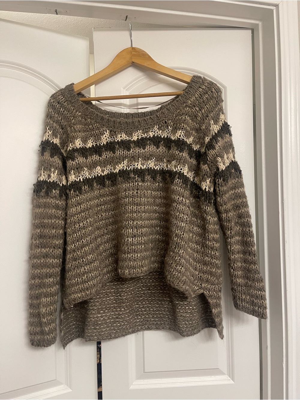Free People Cozy Knit High-Low Sweater in Taupe and Cream